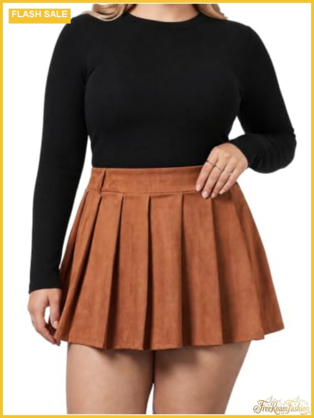 Faux Suede Pleated Mini Skort with Built-in Shorts Pockets Plus Size